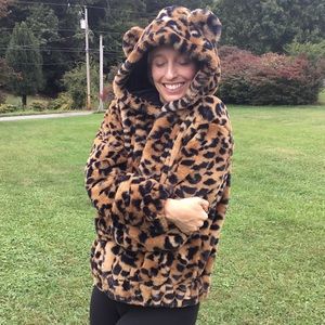 Faux fur coat leopard print fur jacket with ears